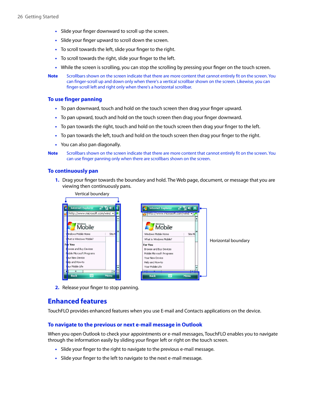 HTC VOGU100 user manual Enhanced features, To use finger panning, To continuously pan 