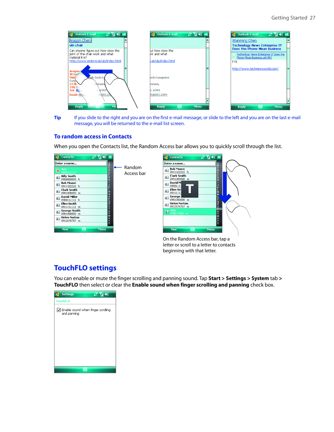 HTC VOGU100 user manual TouchFLO settings, To random access in Contacts 