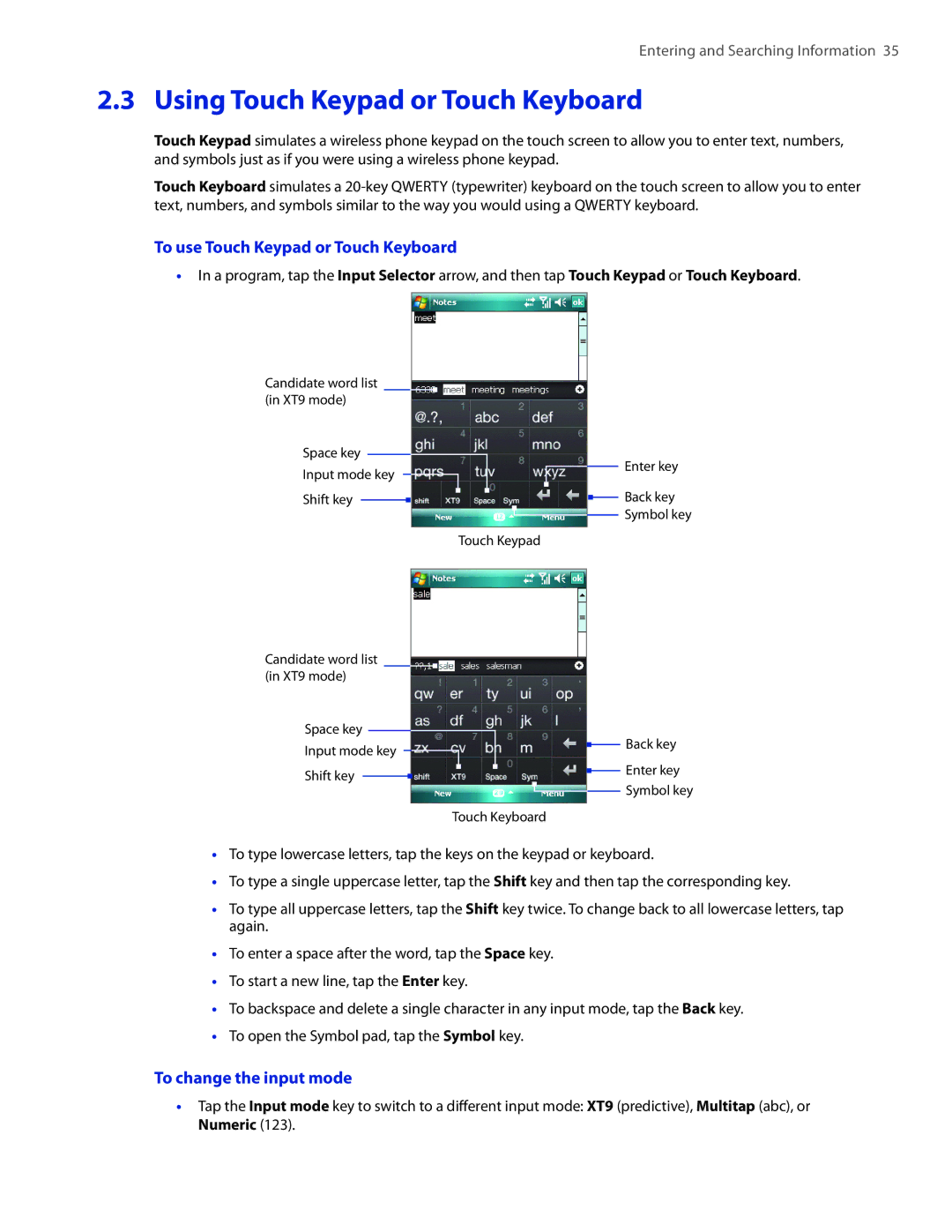 HTC VOGU100 Using Touch Keypad or Touch Keyboard, To use Touch Keypad or Touch Keyboard, To change the input mode 