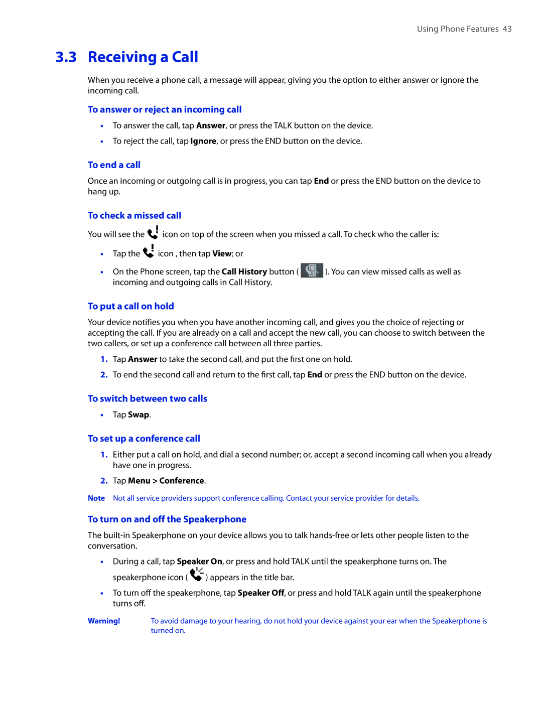 HTC VOGU100 user manual Receiving a Call 