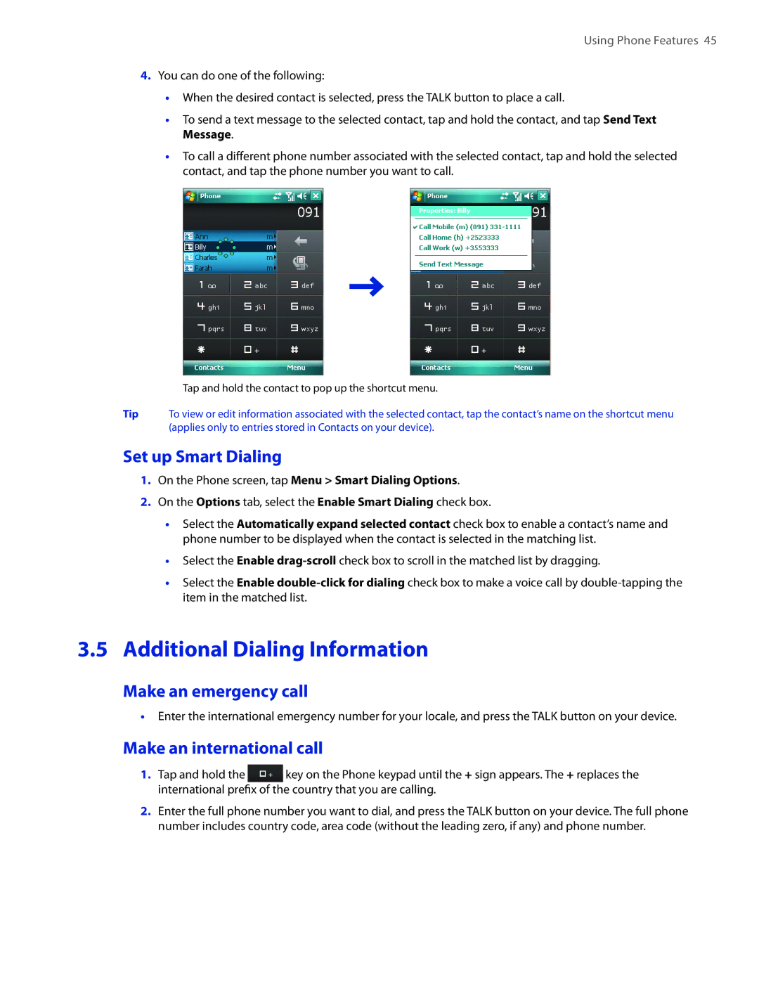 HTC VOGU100 Additional Dialing Information, Set up Smart Dialing, Make an emergency call, Make an international call 