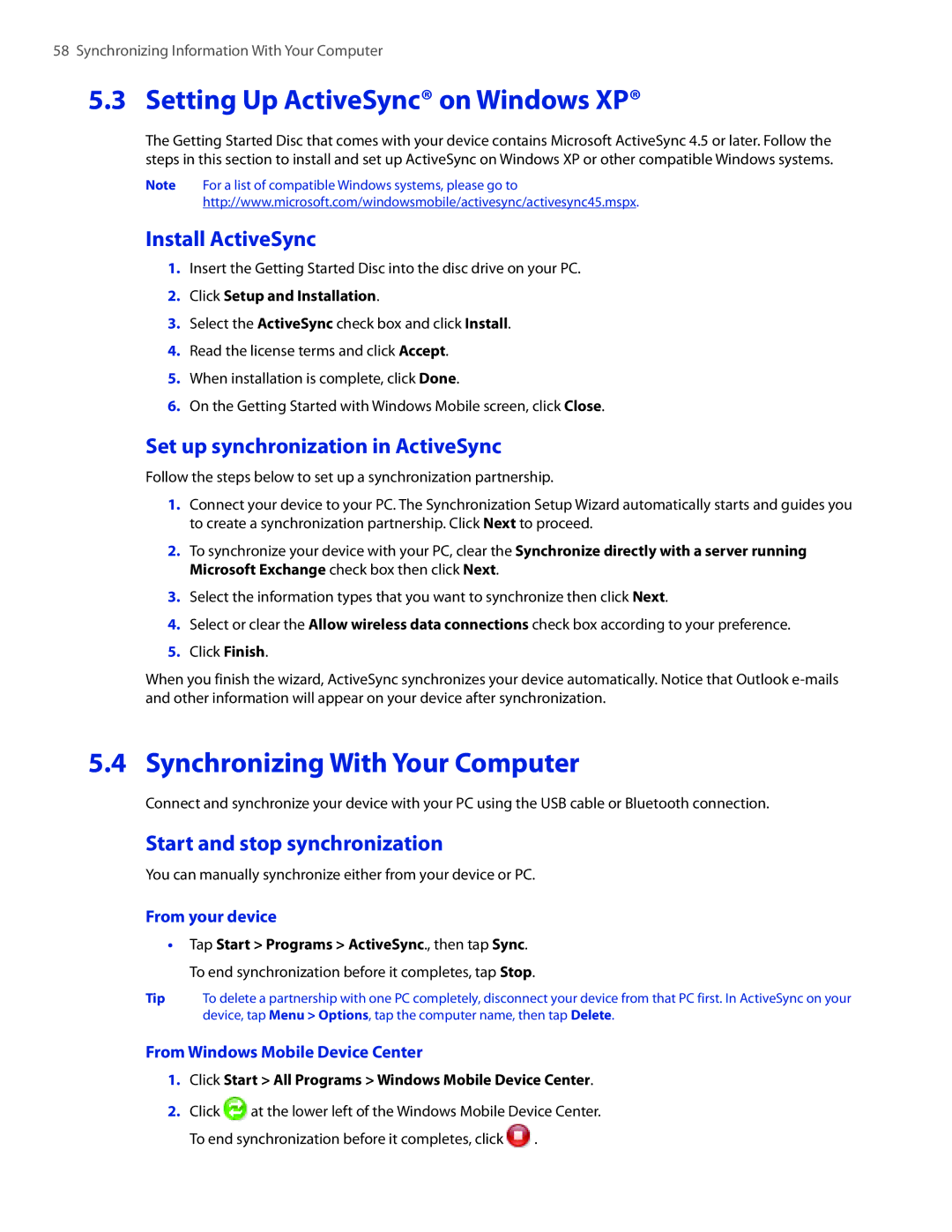 HTC VOGU100 user manual Setting Up ActiveSync on Windows XP, Synchronizing With Your Computer, Install ActiveSync 