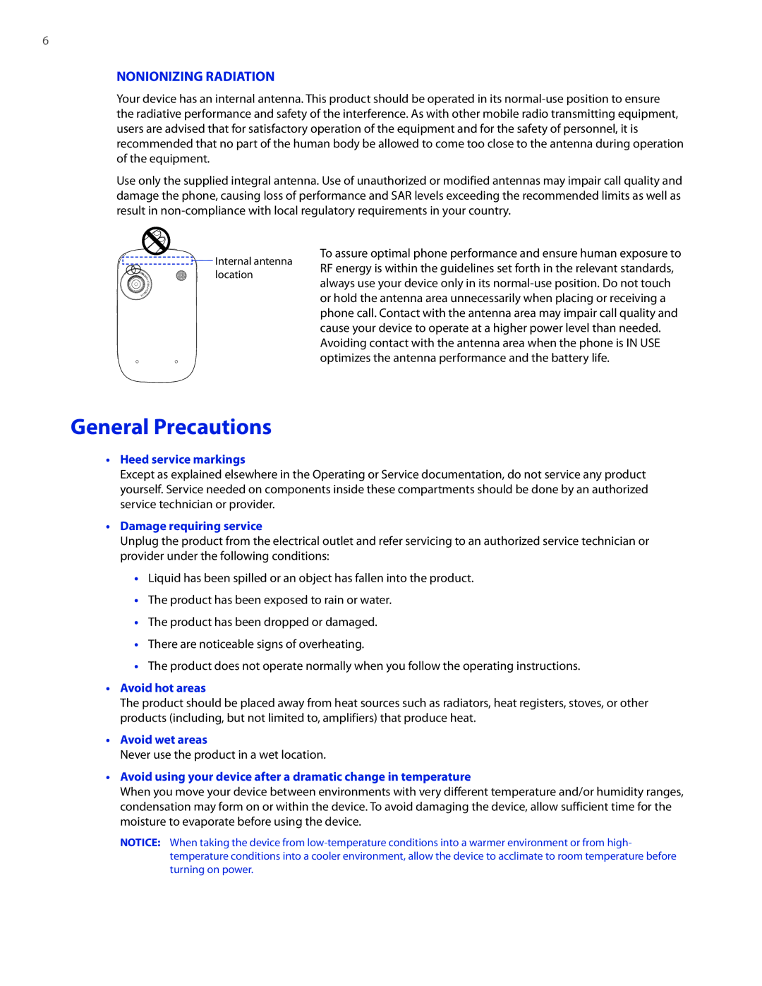 HTC VOGU100 user manual General Precautions, Nonionizing Radiation 