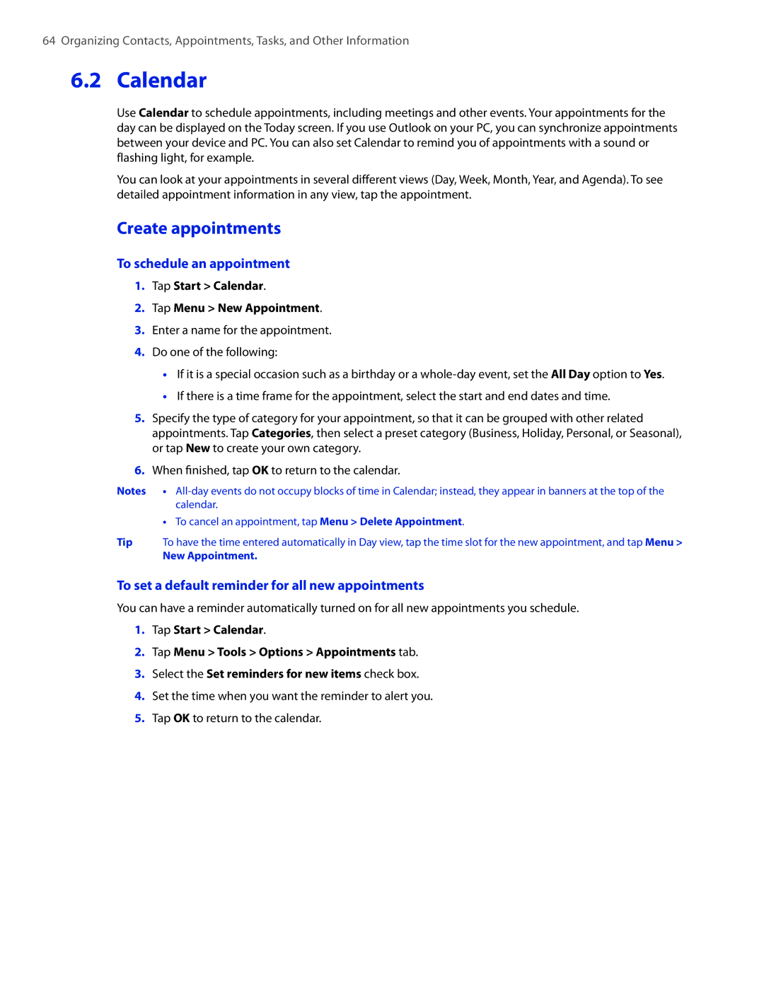 HTC VOGU100 Calendar, Create appointments, To schedule an appointment, To set a default reminder for all new appointments 
