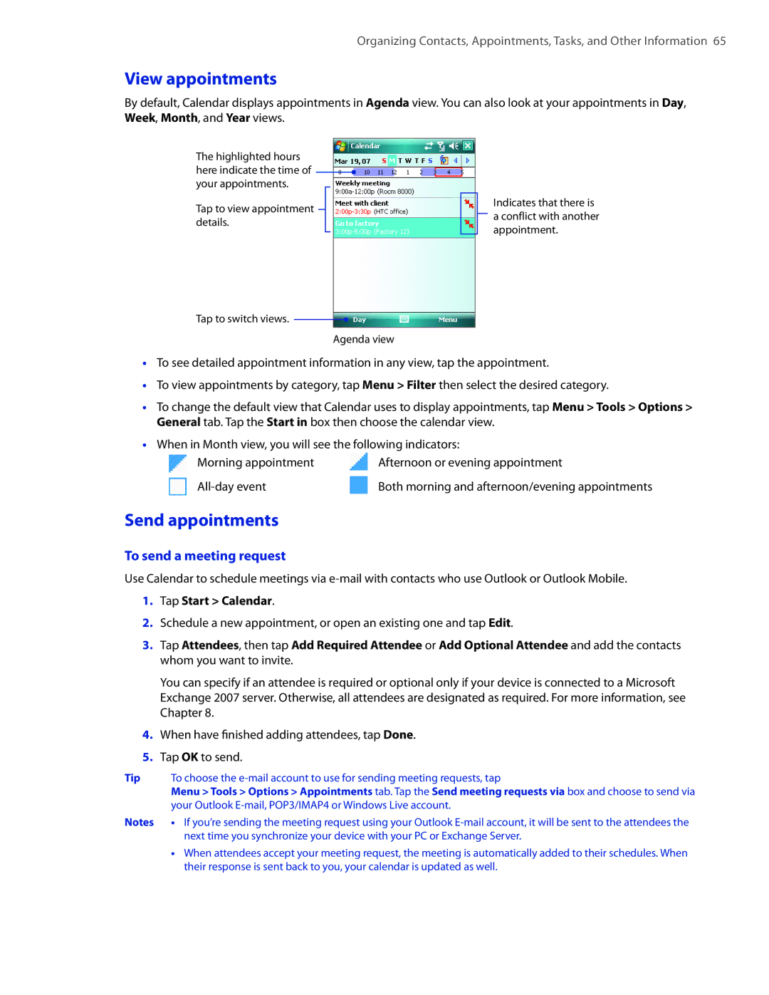 HTC VOGU100 user manual View appointments, Send appointments, To send a meeting request, Tap Start Calendar 