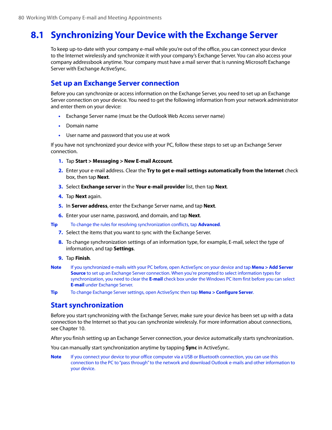 HTC VOGU100 user manual Synchronizing Your Device with the Exchange Server, Set up an Exchange Server connection 