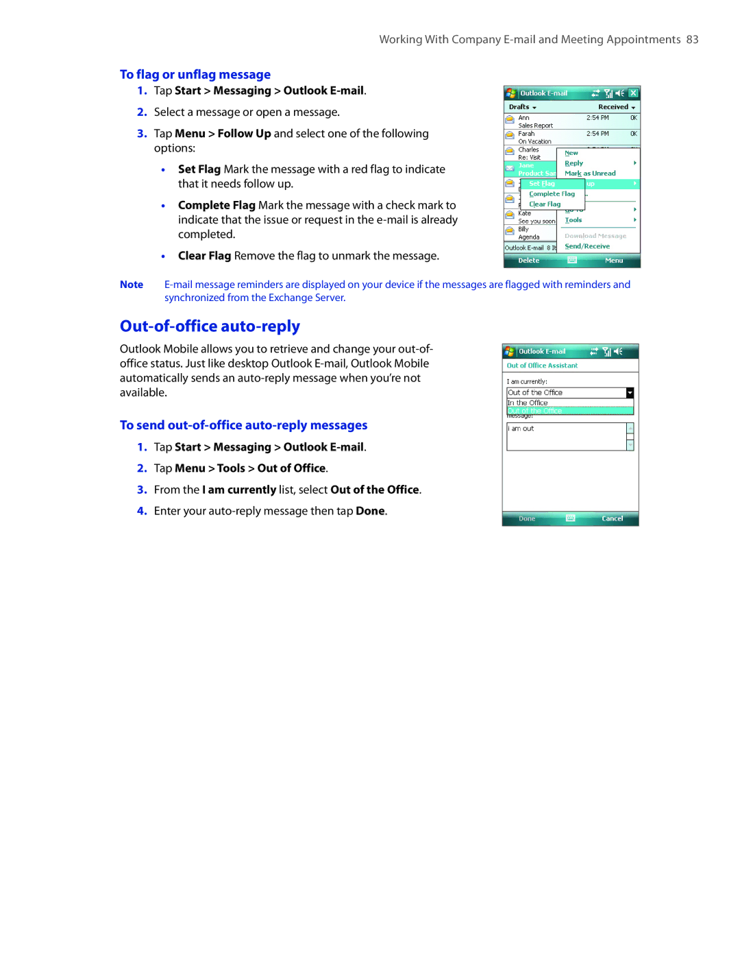 HTC VOGU100 user manual Out-of-office auto-reply, To flag or unflag message, To send out-of-office auto-reply messages 