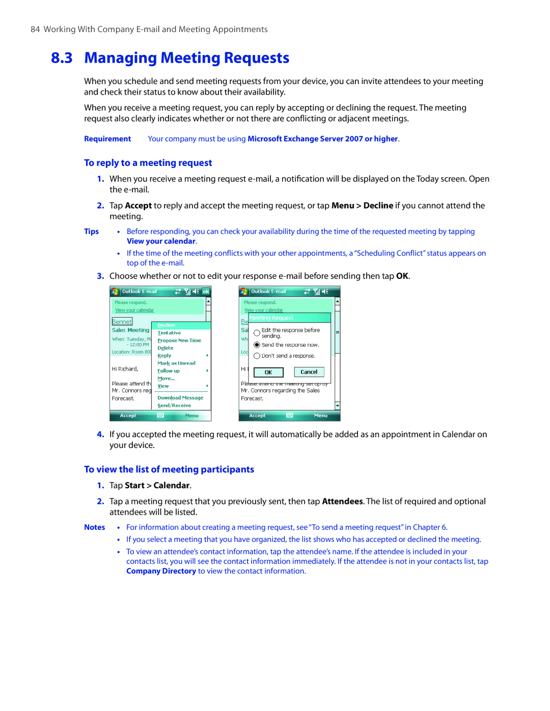 HTC VOGU100 user manual Managing Meeting Requests, To reply to a meeting request, To view the list of meeting participants 