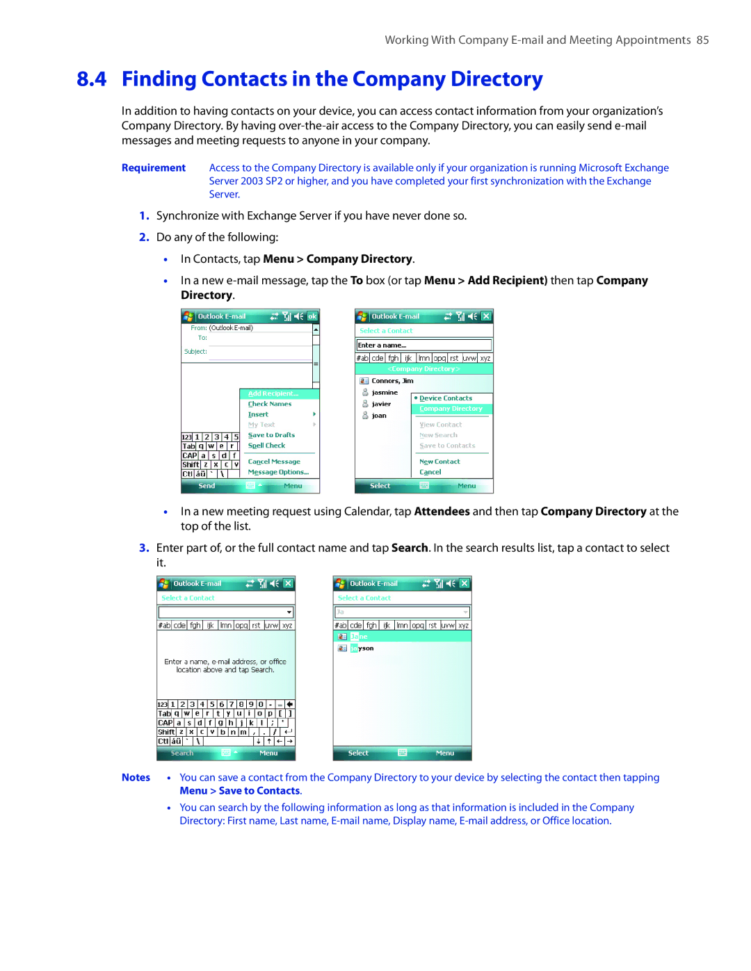 HTC VOGU100 user manual Finding Contacts in the Company Directory, Contacts, tap Menu Company Directory 