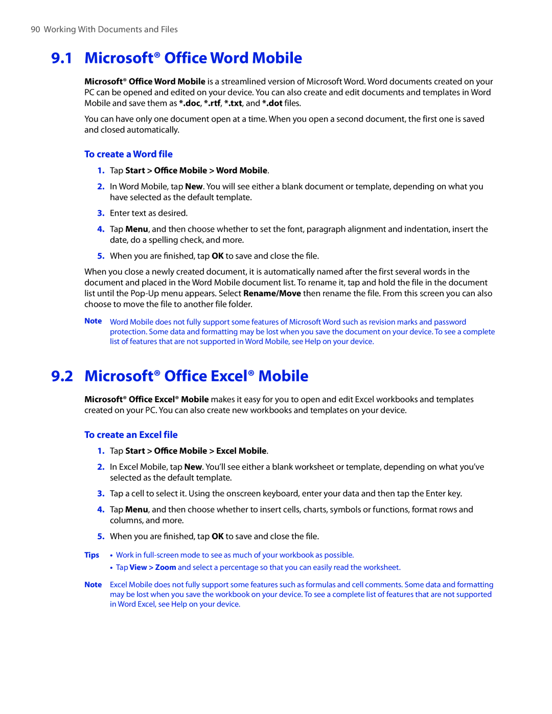 HTC VOGU100 Microsoft Office Word Mobile, Microsoft Office Excel Mobile, To create a Word file, To create an Excel file 