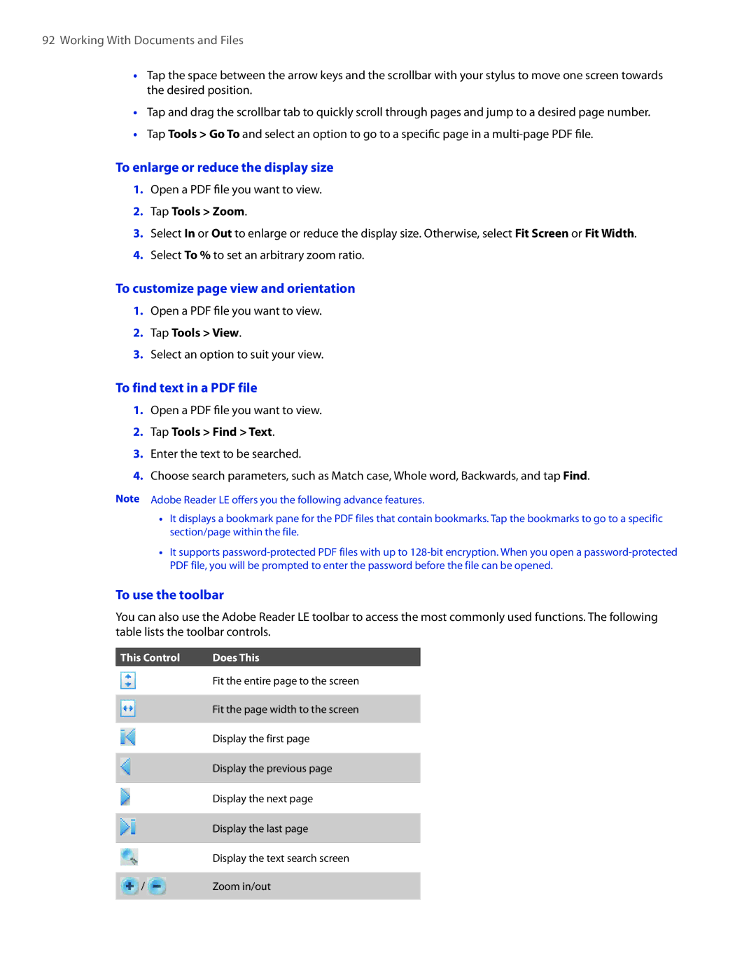 HTC VOGU100 user manual To enlarge or reduce the display size, To customize page view and orientation, To use the toolbar 