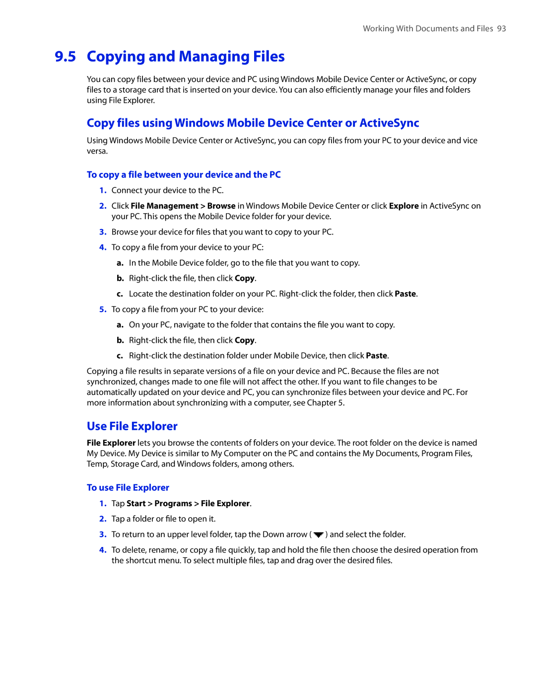 HTC VOGU100 Copying and Managing Files, Copy files using Windows Mobile Device Center or ActiveSync, Use File Explorer 