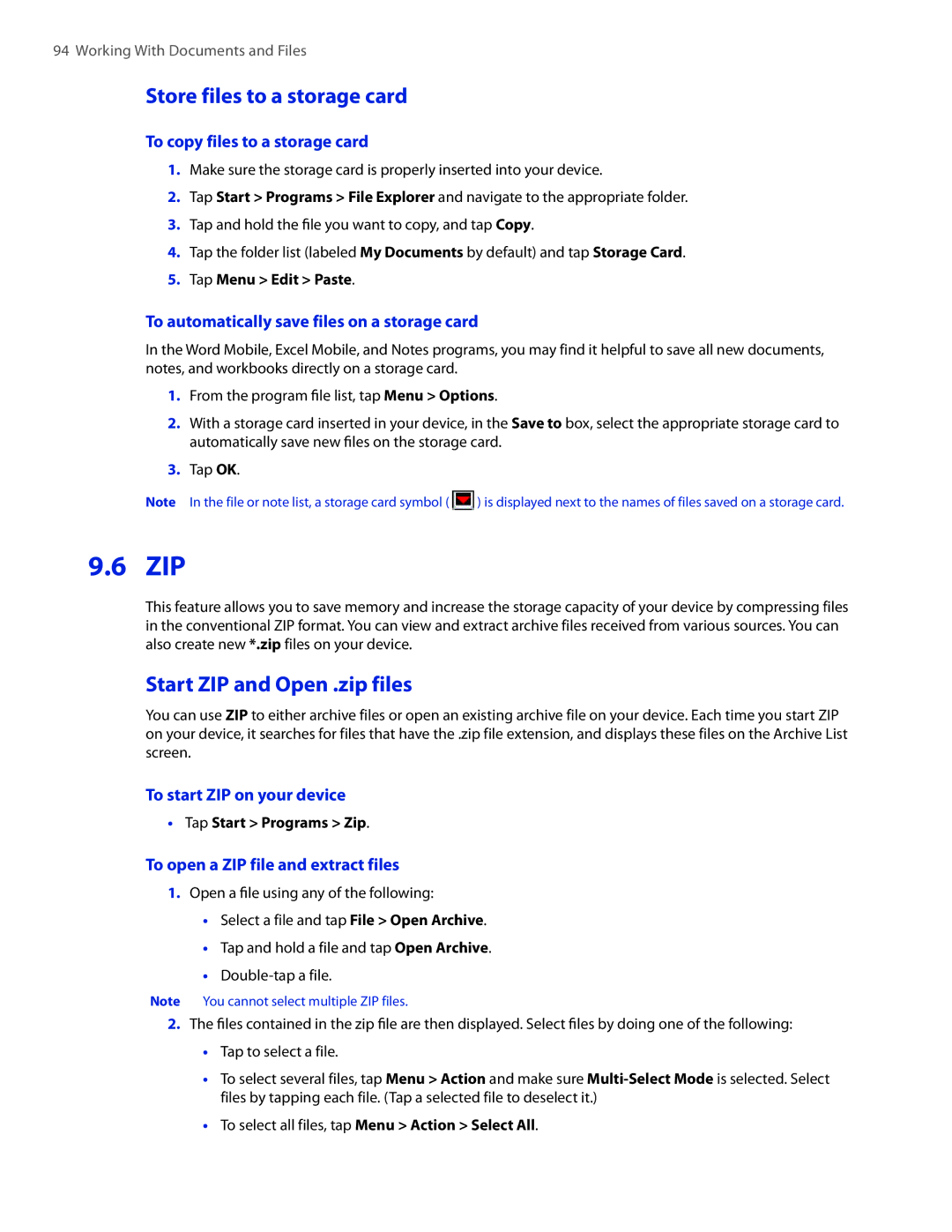 HTC VOGU100 user manual Zip, Store files to a storage card, Start ZIP and Open .zip files 