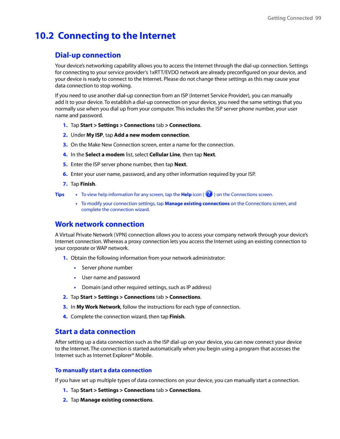 HTC VOGU100 user manual Connecting to the Internet, Dial-up connection, Work network connection, Start a data connection 