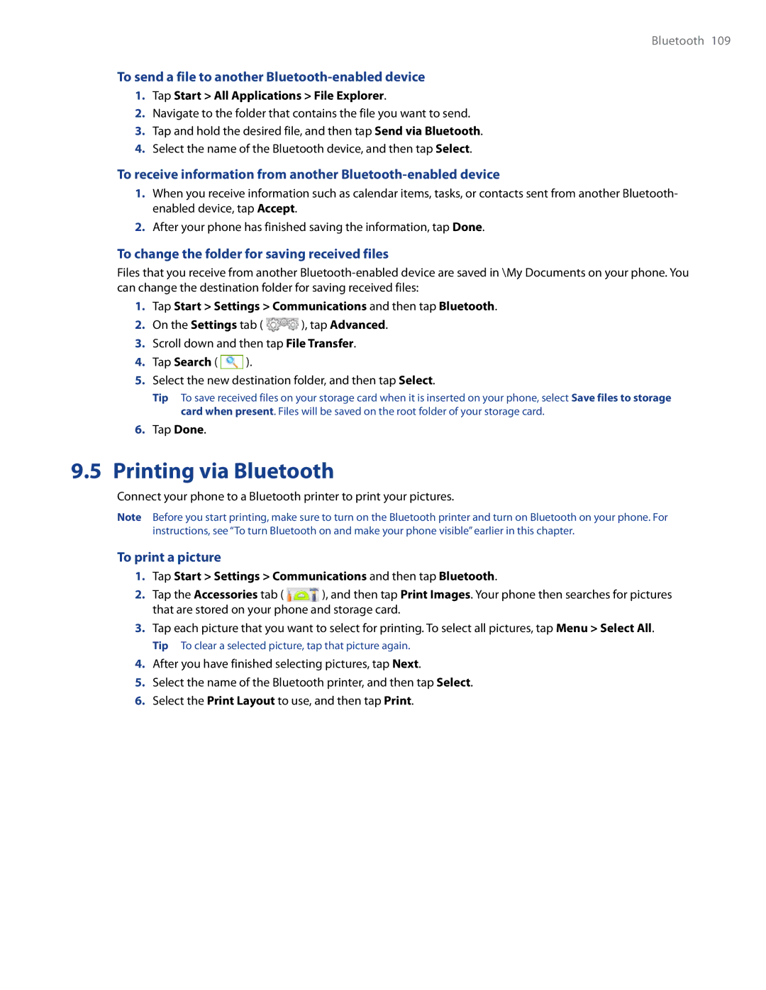 HTC Imagio, WHIT100 Printing via Bluetooth, To send a file to another Bluetooth-enabled device, To print a picture 
