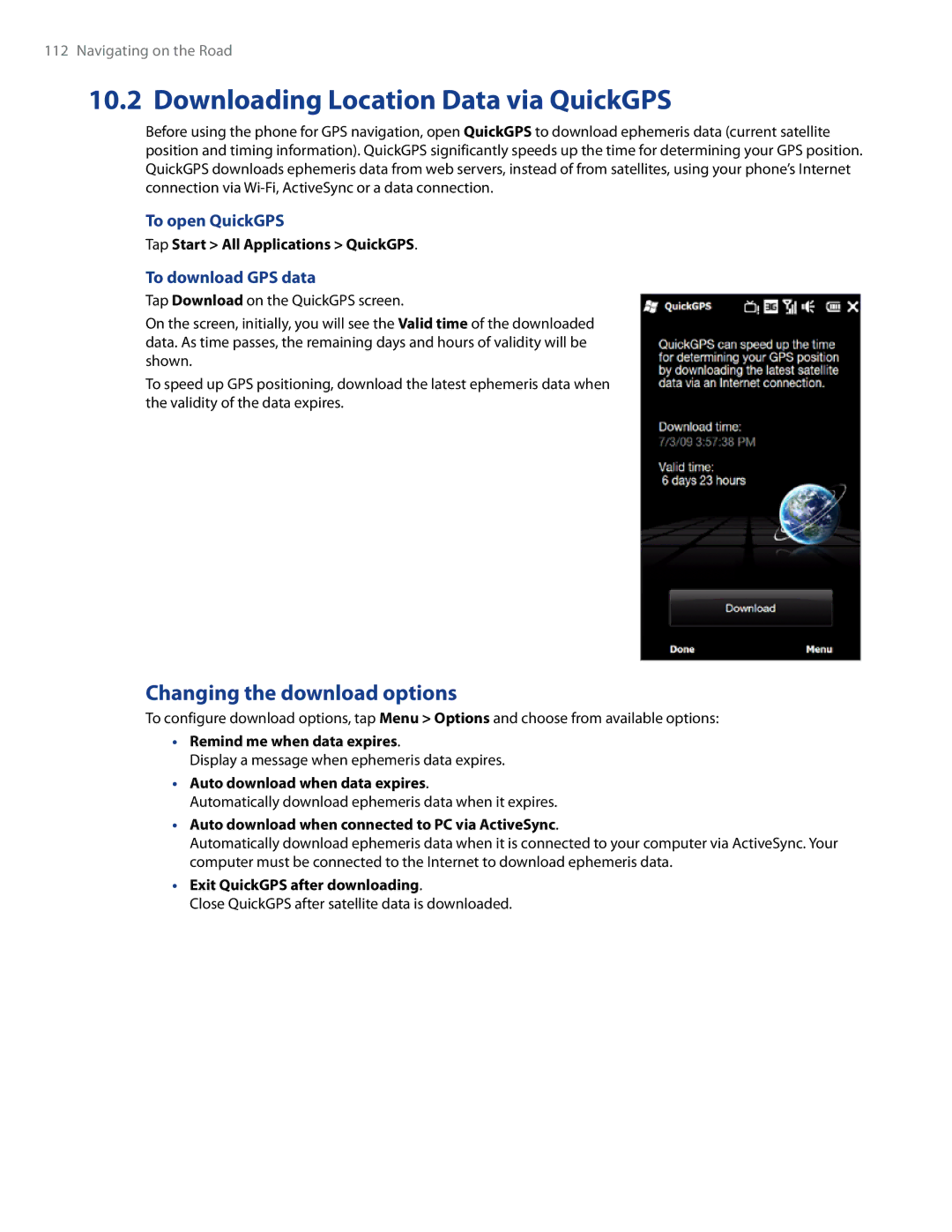 HTC WHIT100 Downloading Location Data via QuickGPS, Changing the download options, To open QuickGPS, To download GPS data 