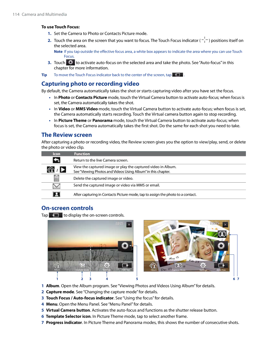 HTC WHIT100, Imagio user manual Capturing photo or recording video, Review screen, On-screen controls, To use Touch Focus 