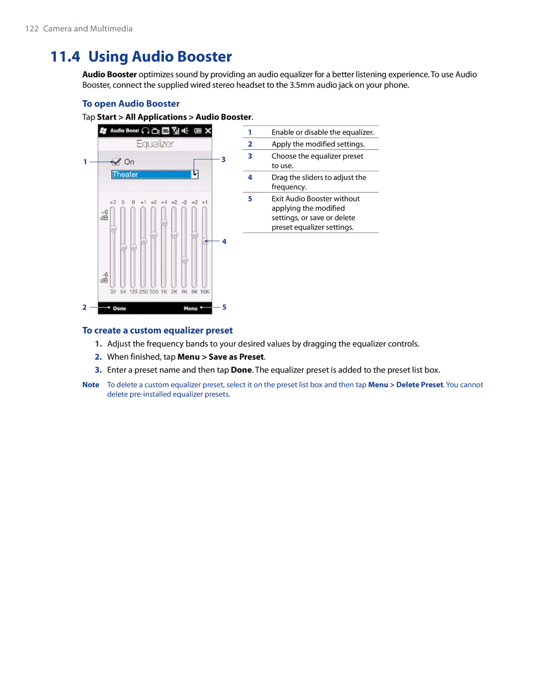 HTC WHIT100, Imagio user manual Using Audio Booster, To open Audio Booster, To create a custom equalizer preset 