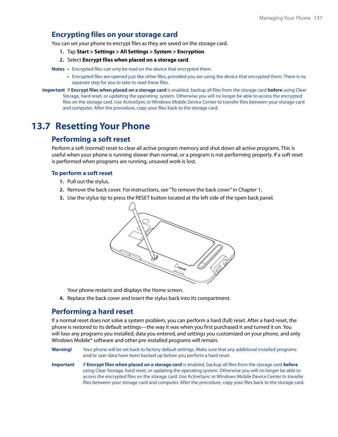 HTC Imagio Resetting Your Phone, Encrypting files on your storage card, Performing a soft reset, Performing a hard reset 