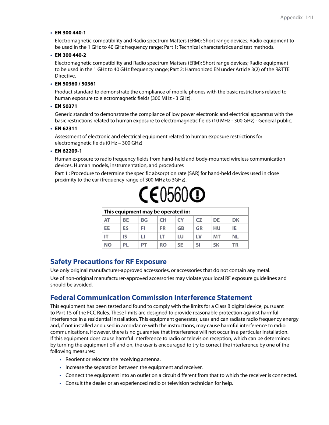 HTC Imagio, WHIT100 Safety Precautions for RF Exposure, Federal Communication Commission Interference Statement, EN 50360 