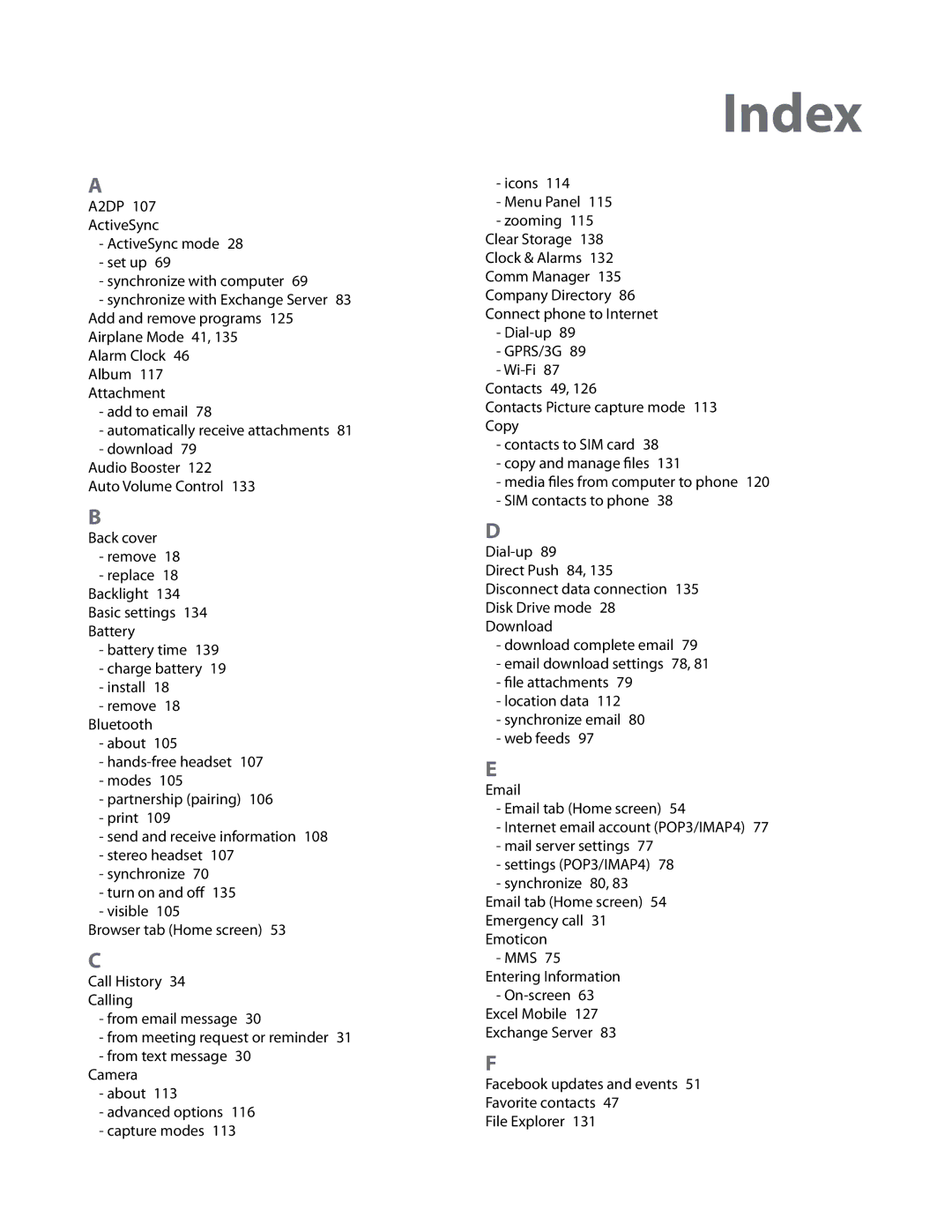 HTC Imagio, WHIT100 user manual Index 