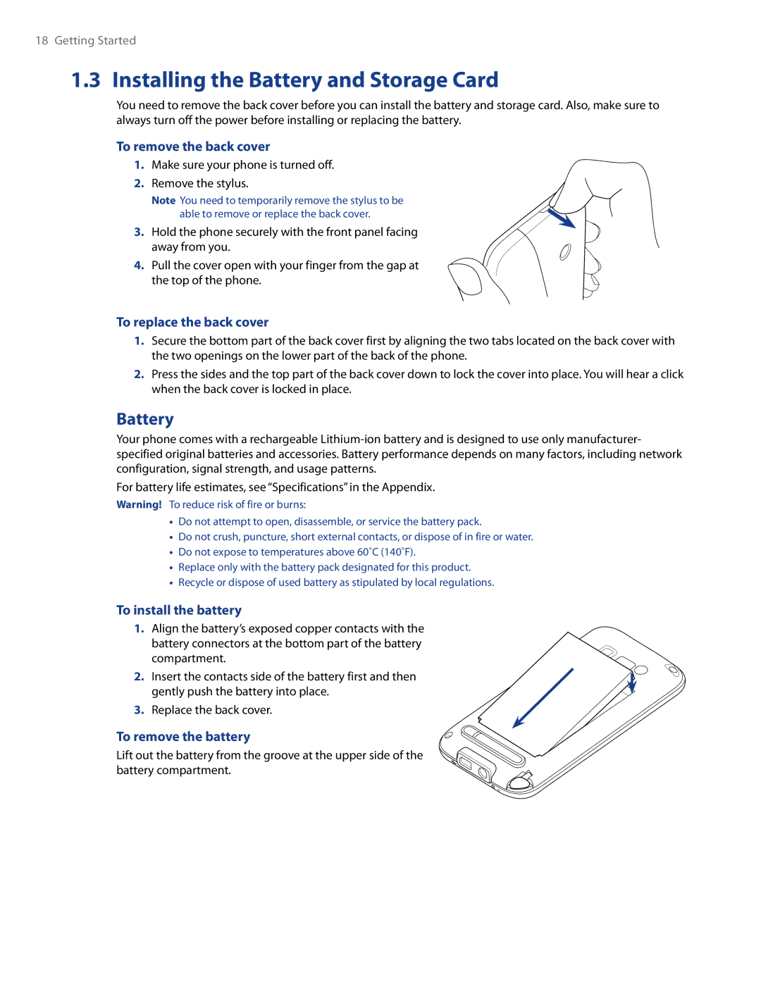 HTC WHIT100, Imagio user manual Installing the Battery and Storage Card 