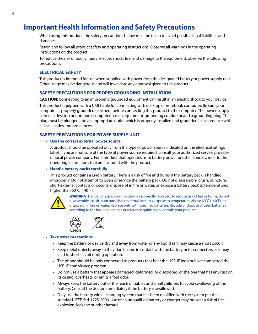 HTC WHIT100, Imagio user manual Important Health Information and Safety Precautions, Electrical Safety 