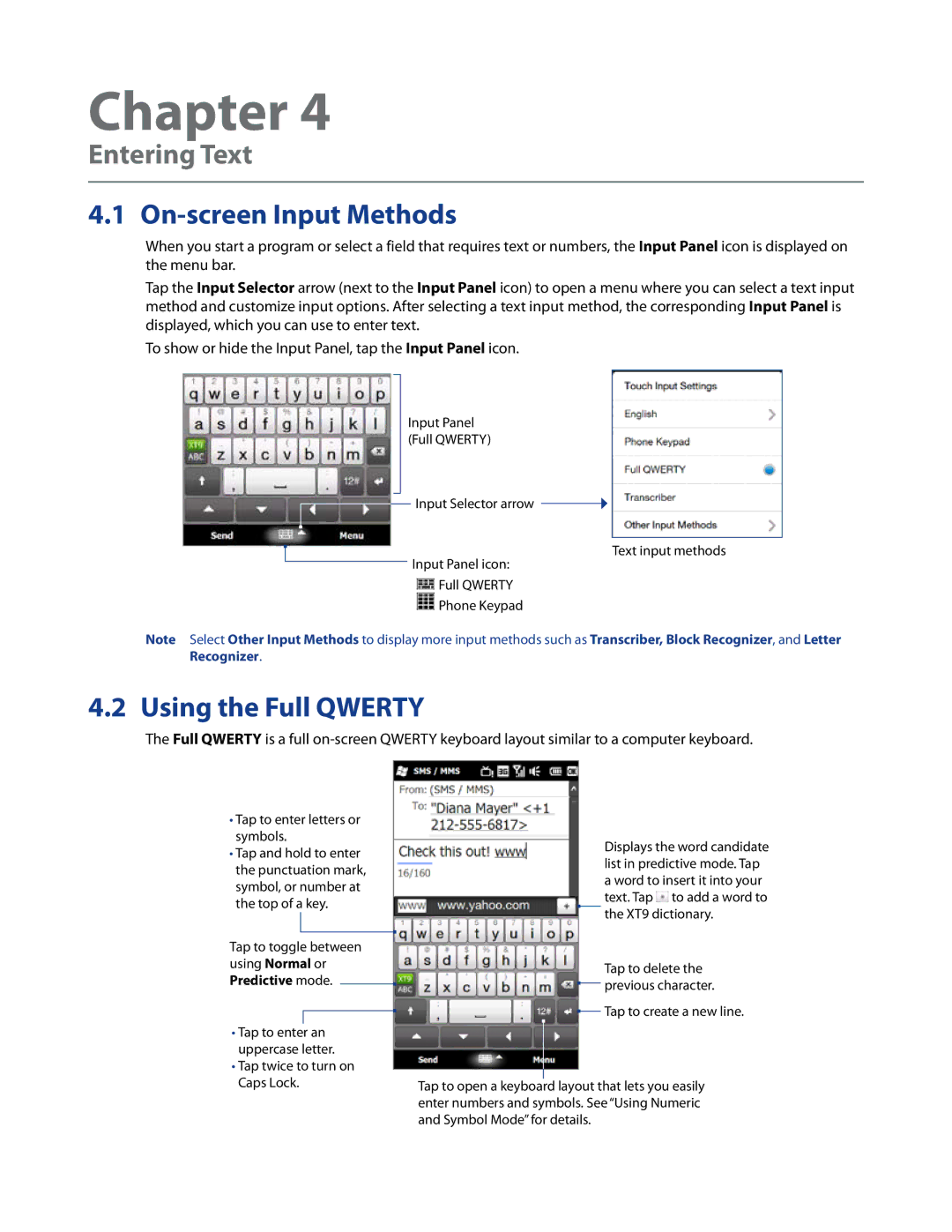 HTC Imagio, WHIT100 user manual Entering Text, On-screen Input Methods, Using the Full Qwerty 