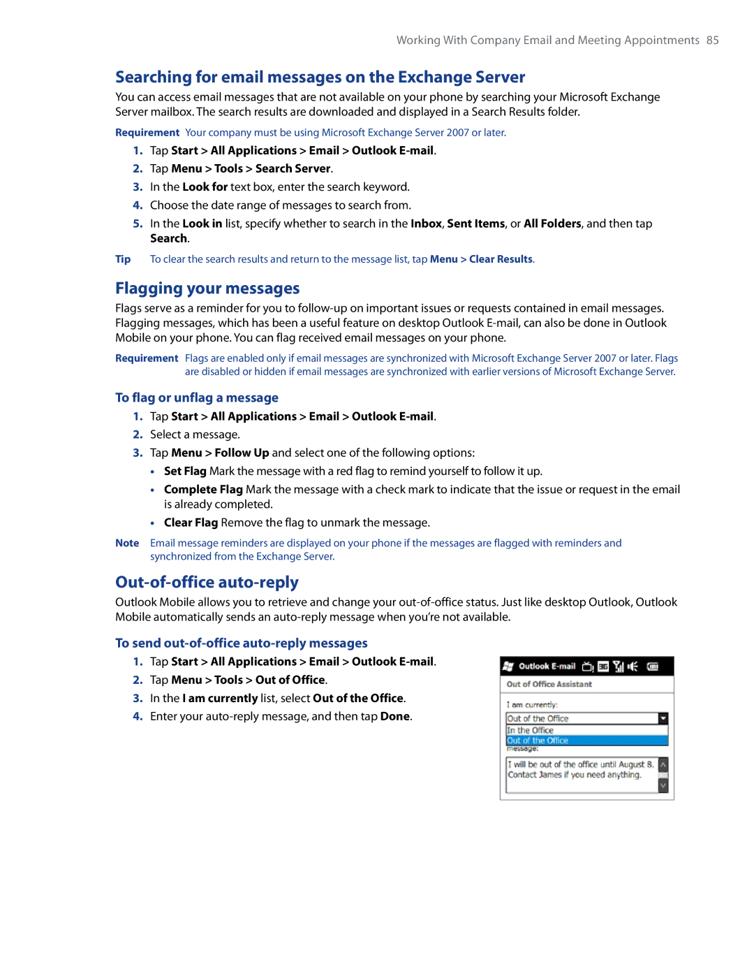 HTC Imagio, WHIT100 Searching for email messages on the Exchange Server, Flagging your messages, Out-of-office auto-reply 