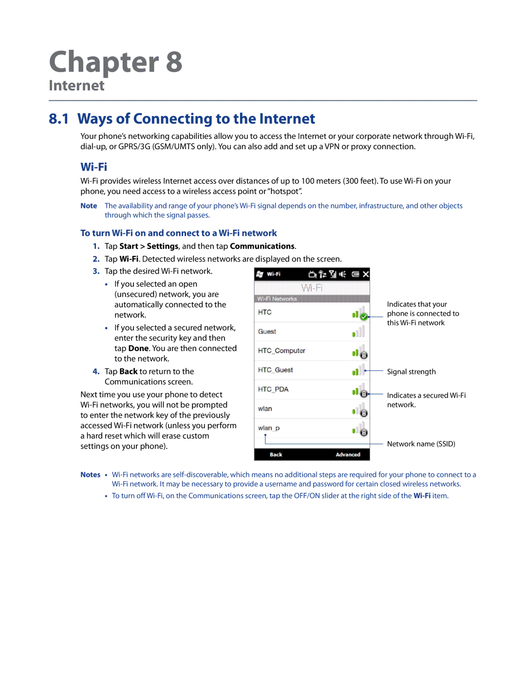 HTC Imagio, WHIT100 user manual Ways of Connecting to the Internet, To turn Wi-Fi on and connect to a Wi-Fi network 