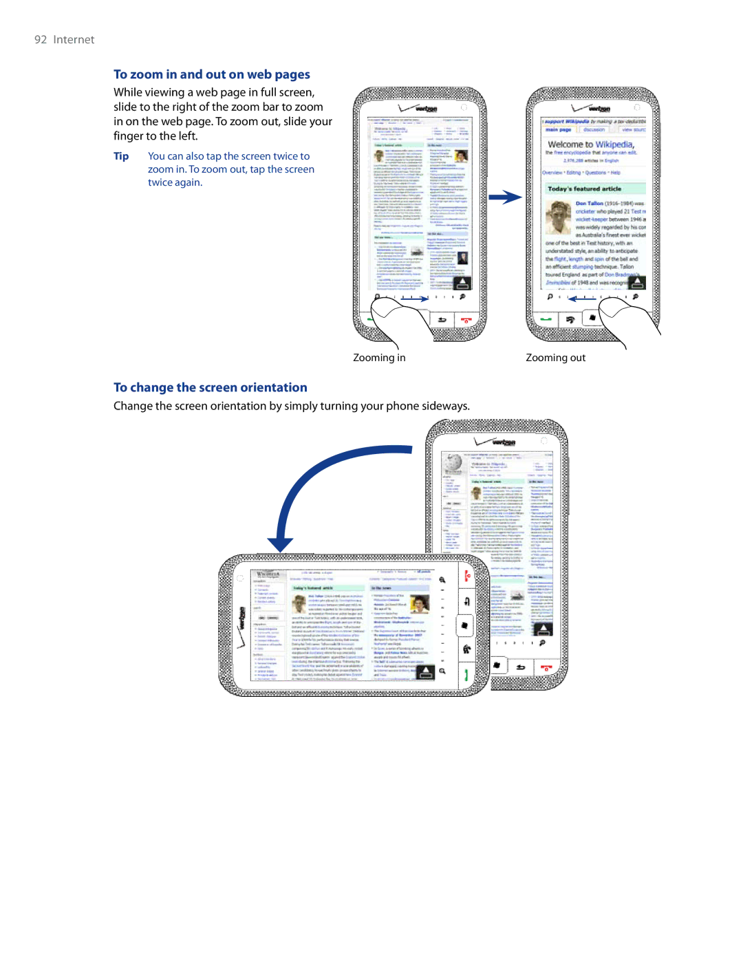 HTC WHIT100, Imagio user manual To zoom in and out on web pages, To change the screen orientation 