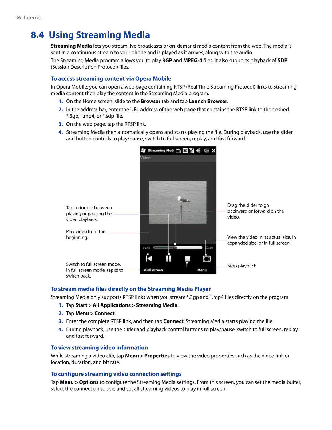 HTC WHIT100 Using Streaming Media, To access streaming content via Opera Mobile, To view streaming video information 
