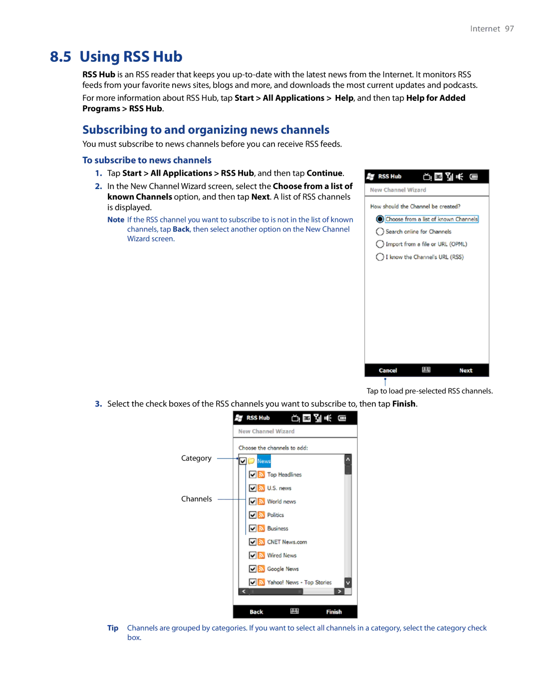 HTC Imagio, WHIT100 user manual Using RSS Hub, Subscribing to and organizing news channels, To subscribe to news channels 