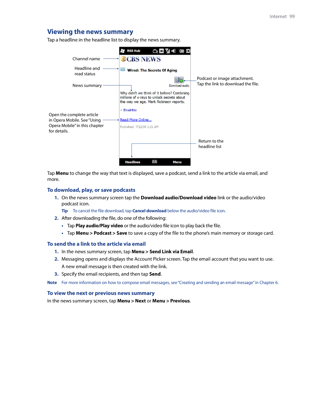 HTC Imagio Viewing the news summary, To download, play, or save podcasts, To send the a link to the article via email 