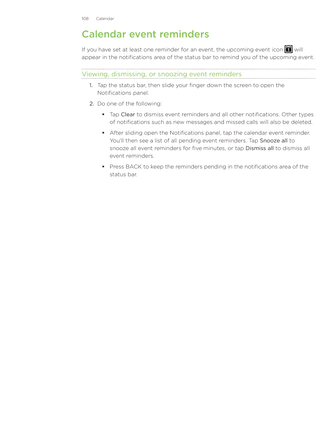 HTC Wildfire manual Calendar event reminders, Viewing, dismissing, or snoozing event reminders 