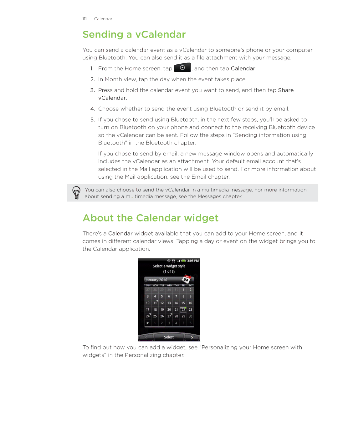 HTC Wildfire manual Sending a vCalendar, About the Calendar widget 