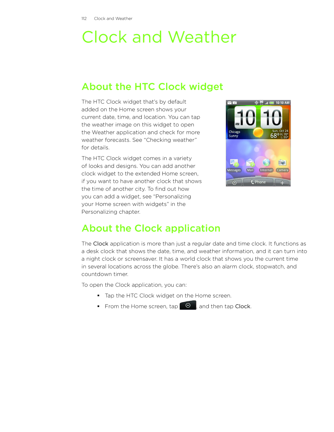 HTC Wildfire manual Clock and Weather, About the HTC Clock widget, About the Clock application 