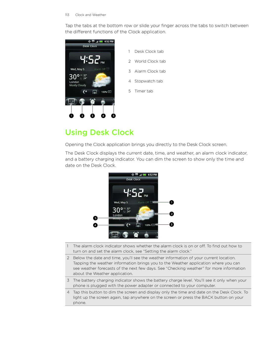 HTC Wildfire manual Using Desk Clock 