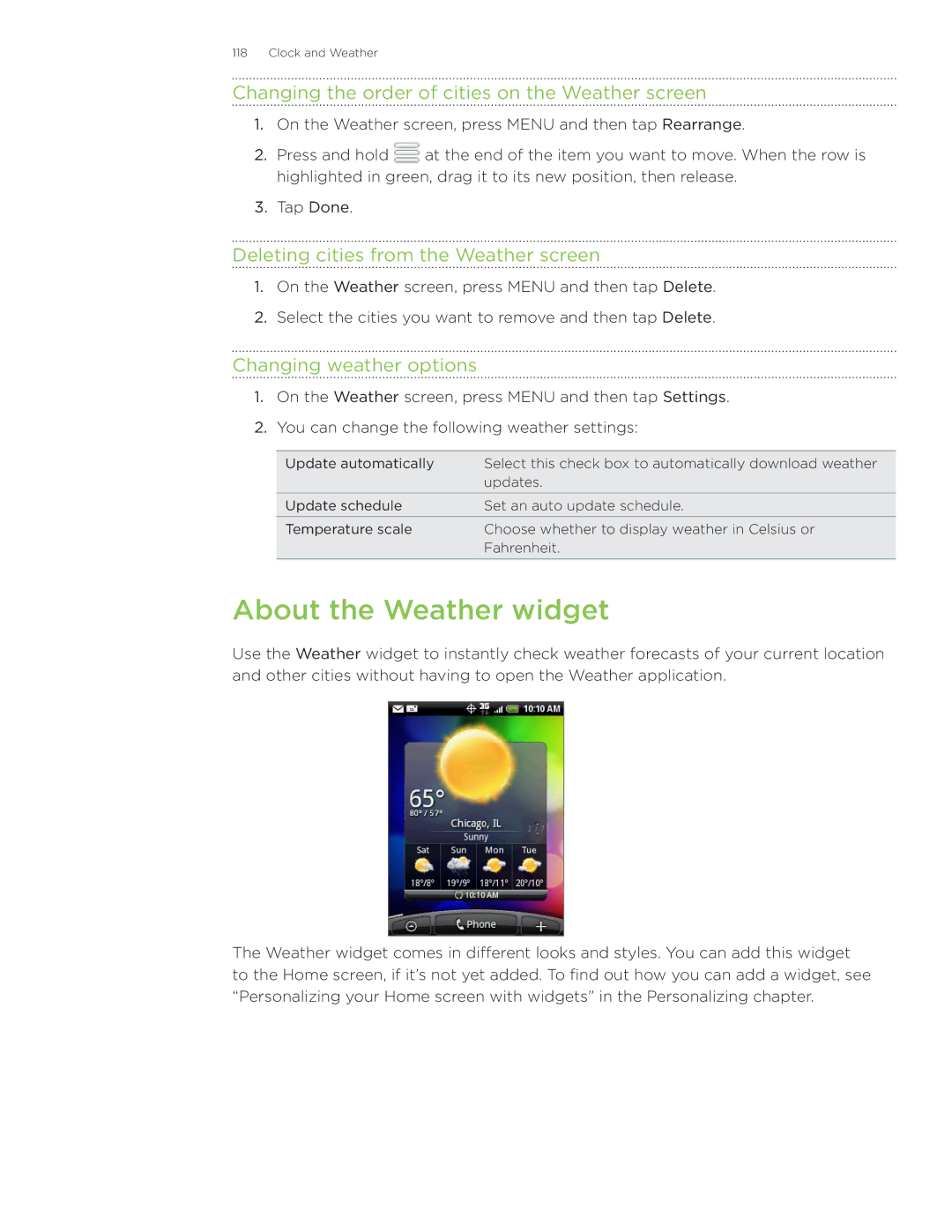 HTC Wildfire manual About the Weather widget, Changing the order of cities on the Weather screen, Changing weather options 