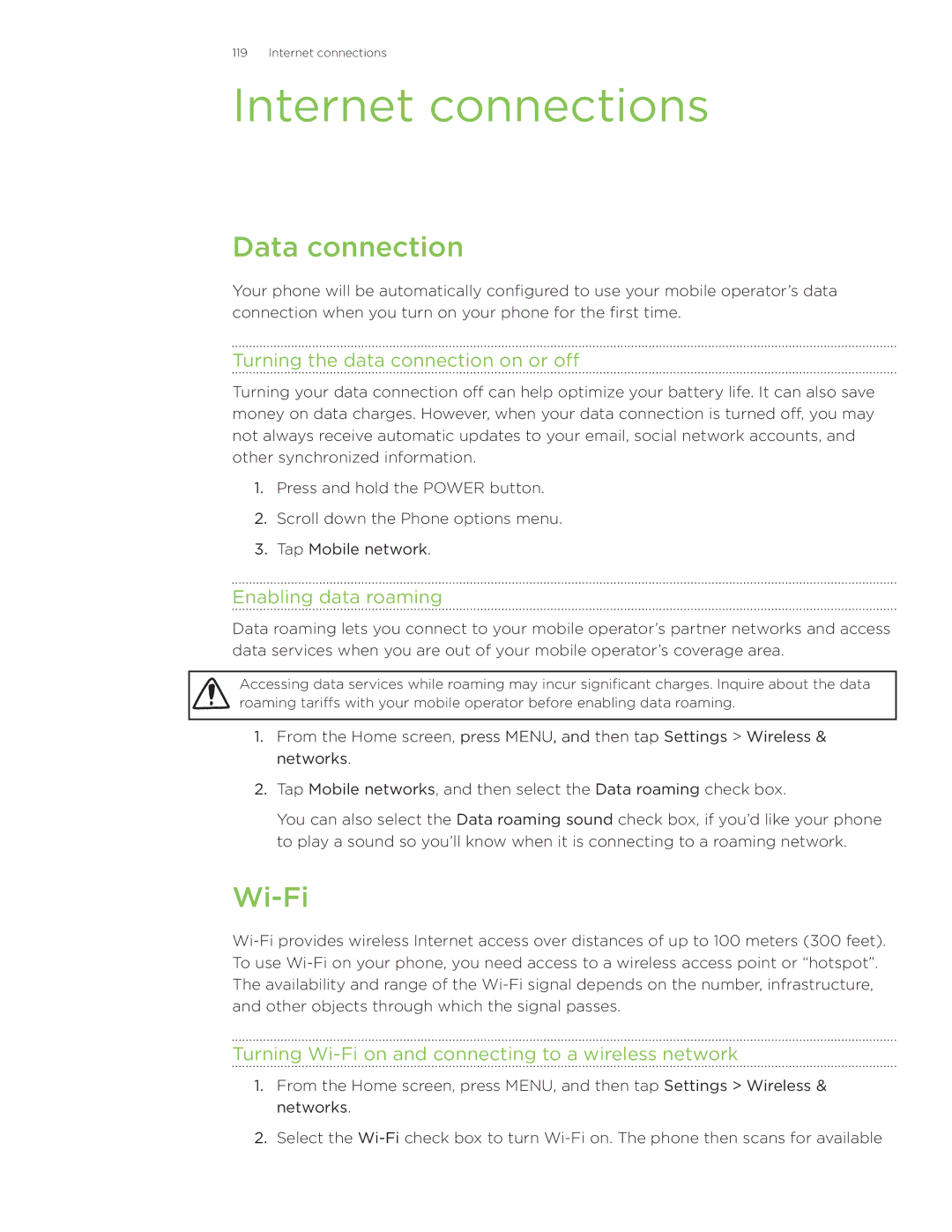 HTC Wildfire manual Internet connections, Data connection, Wi-Fi 