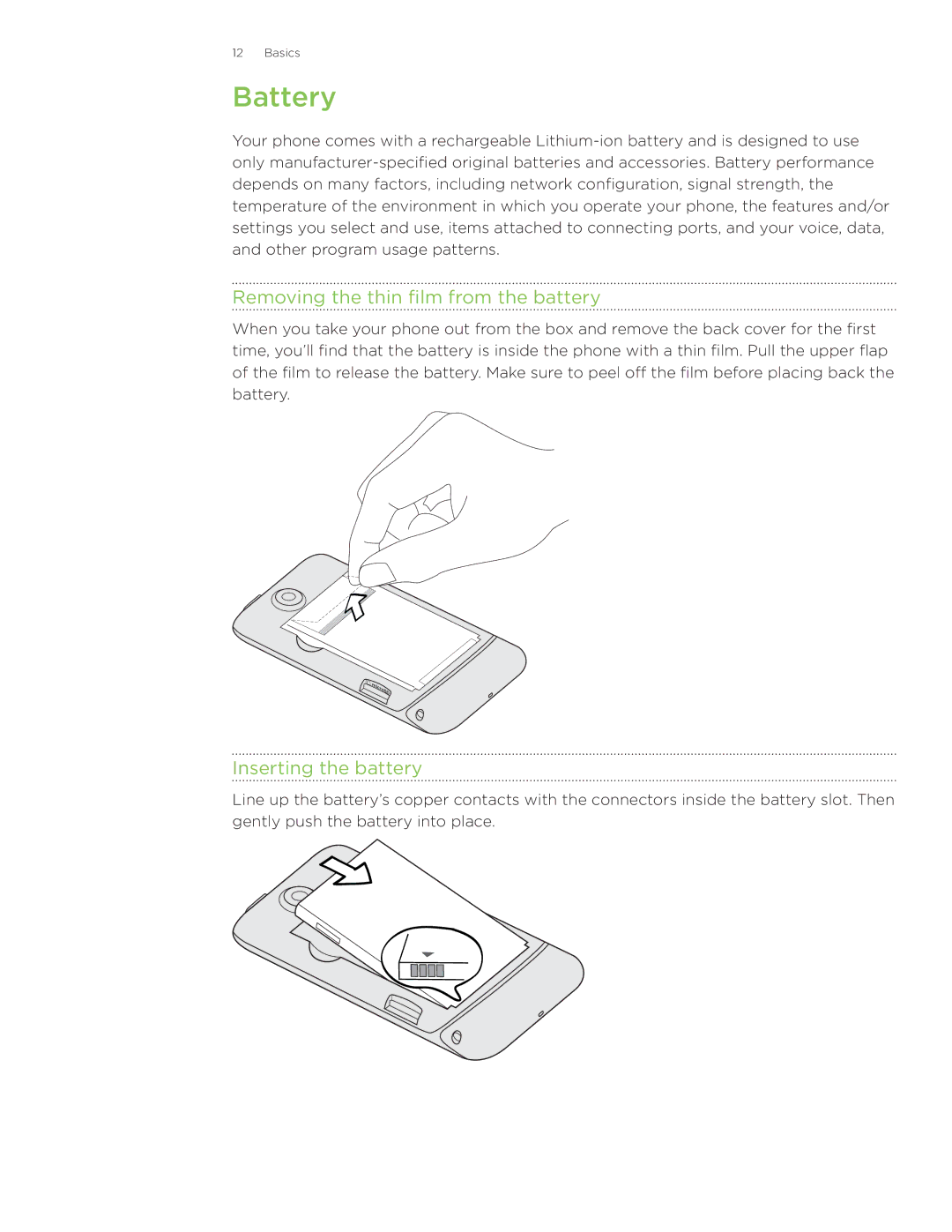 HTC Wildfire manual Battery, Removing the thin film from the battery, Inserting the battery 