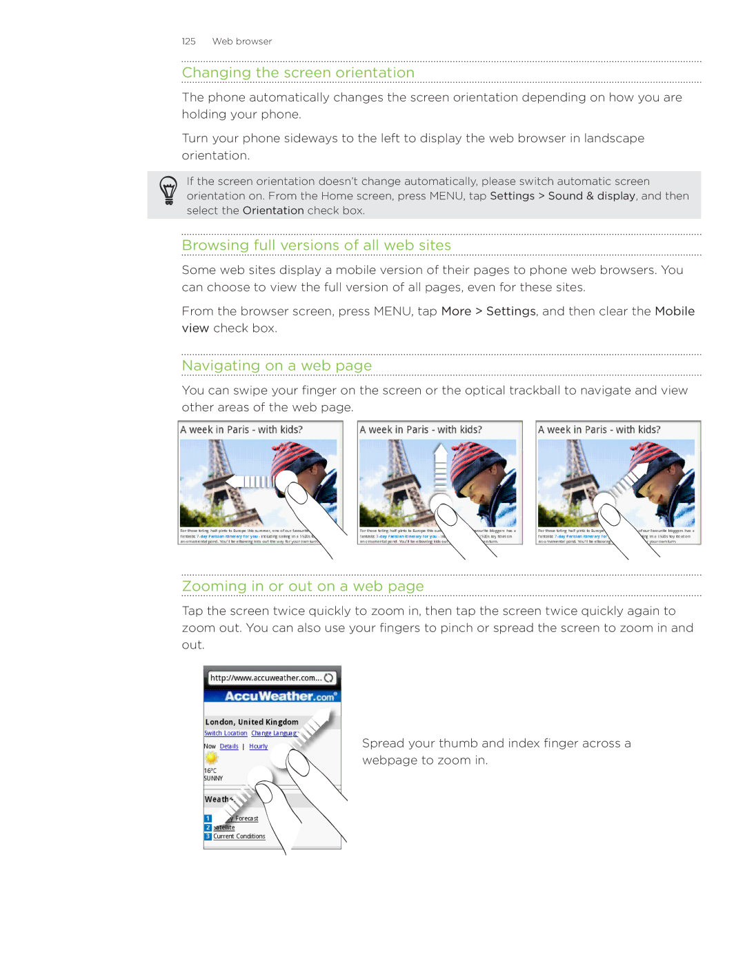 HTC Wildfire manual Changing the screen orientation, Browsing full versions of all web sites, Navigating on a web 