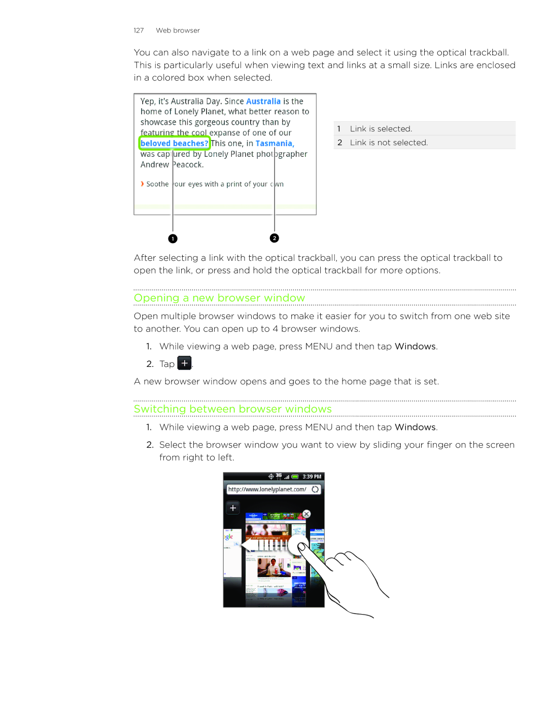 HTC Wildfire manual Opening a new browser window, Switching between browser windows 