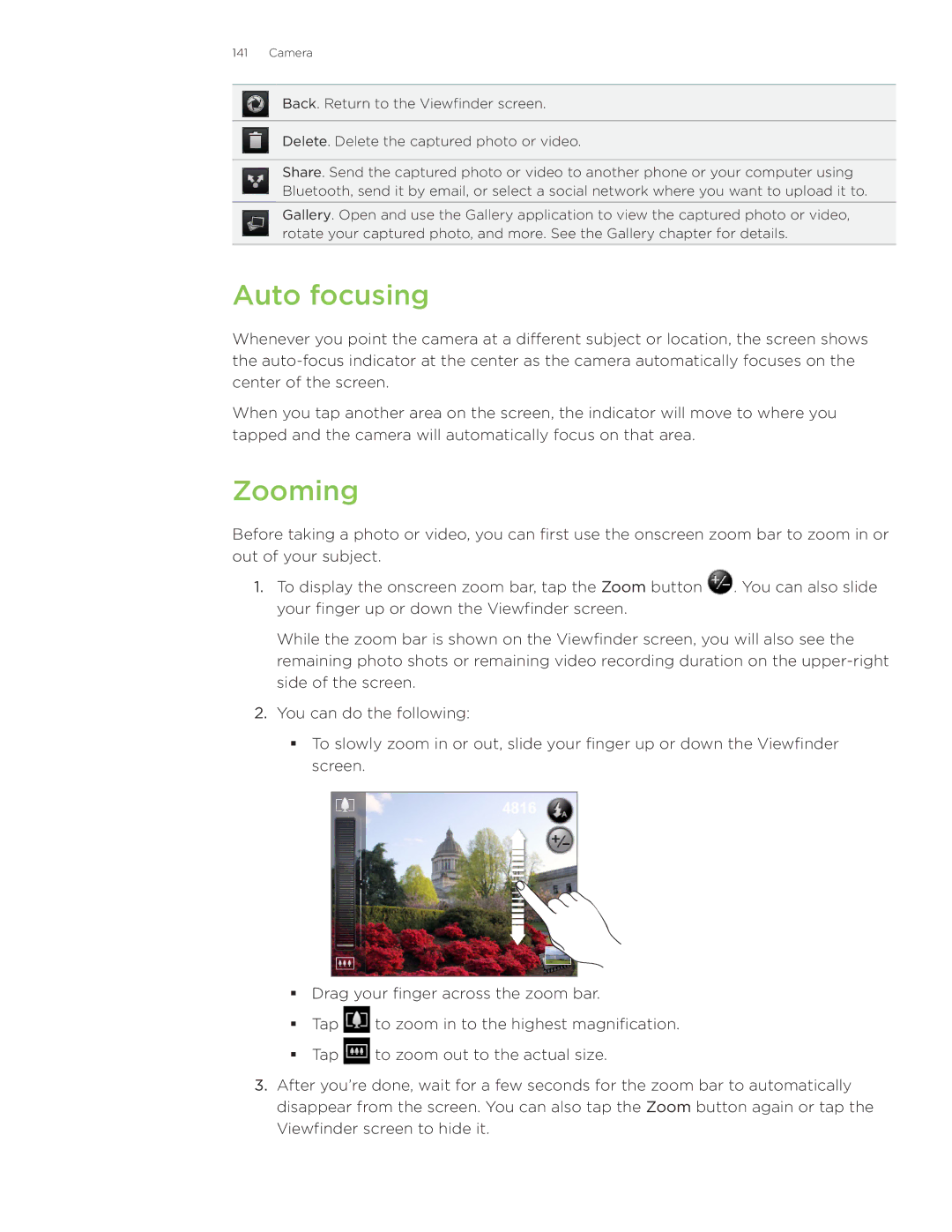 HTC Wildfire manual Auto focusing, Zooming 