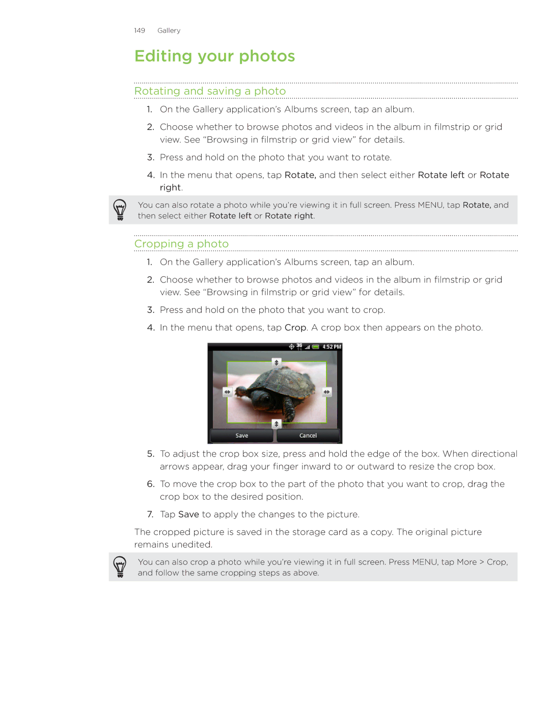 HTC Wildfire manual Editing your photos, Rotating and saving a photo, Cropping a photo 