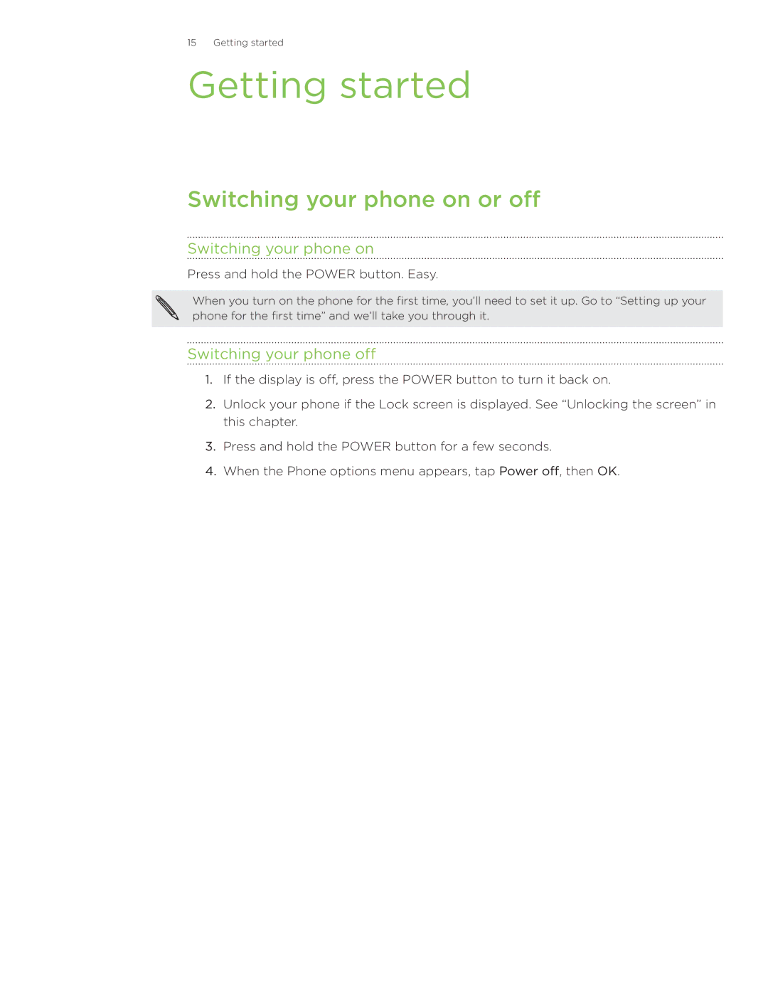 HTC Wildfire manual Getting started, Switching your phone on or off, Switching your phone off 