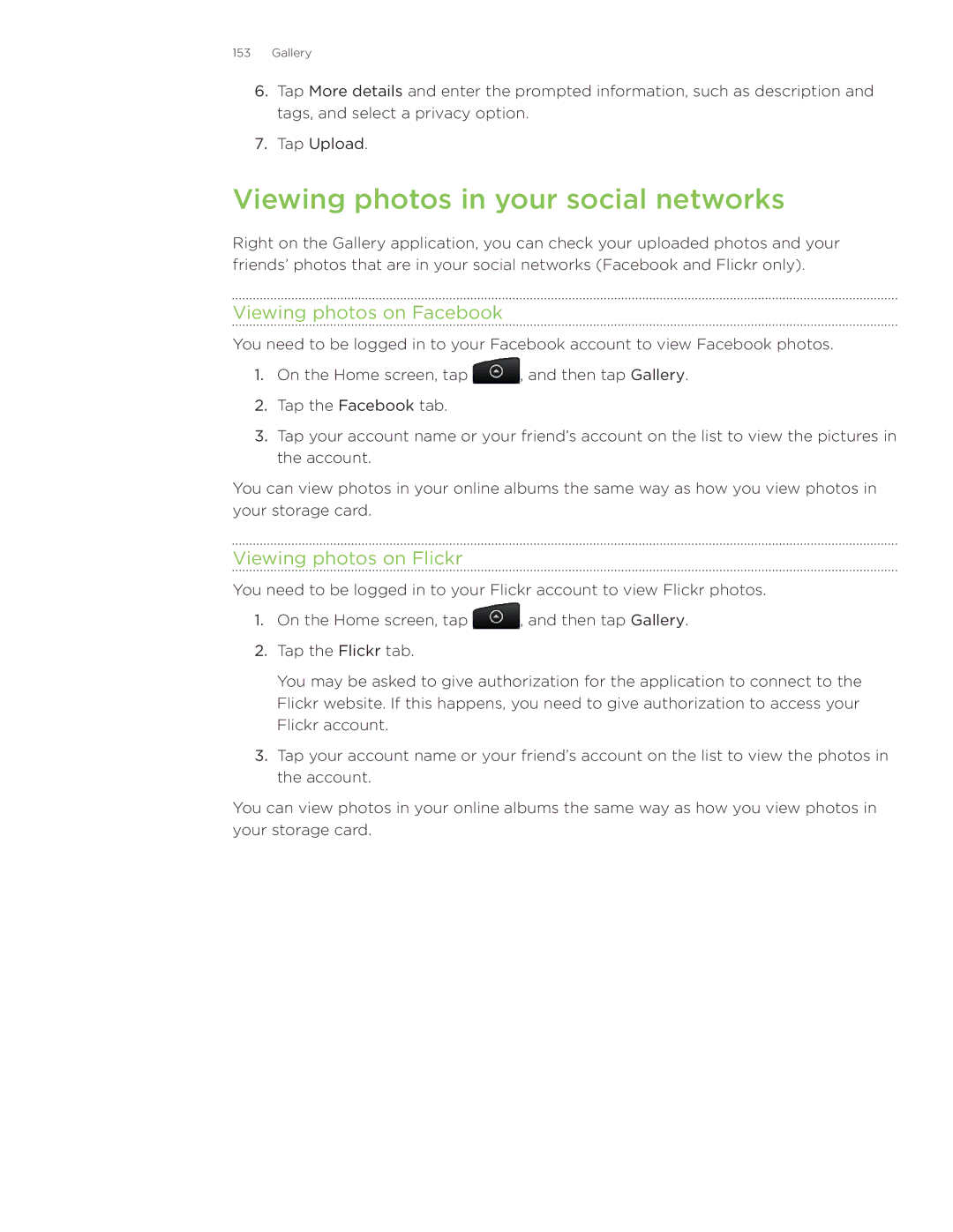 HTC Wildfire manual Viewing photos in your social networks, Viewing photos on Facebook, Viewing photos on Flickr 