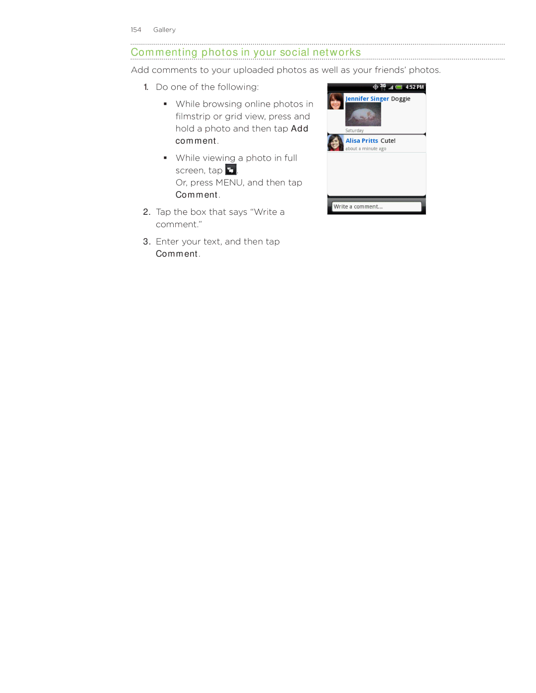 HTC Wildfire manual Commenting photos in your social networks 