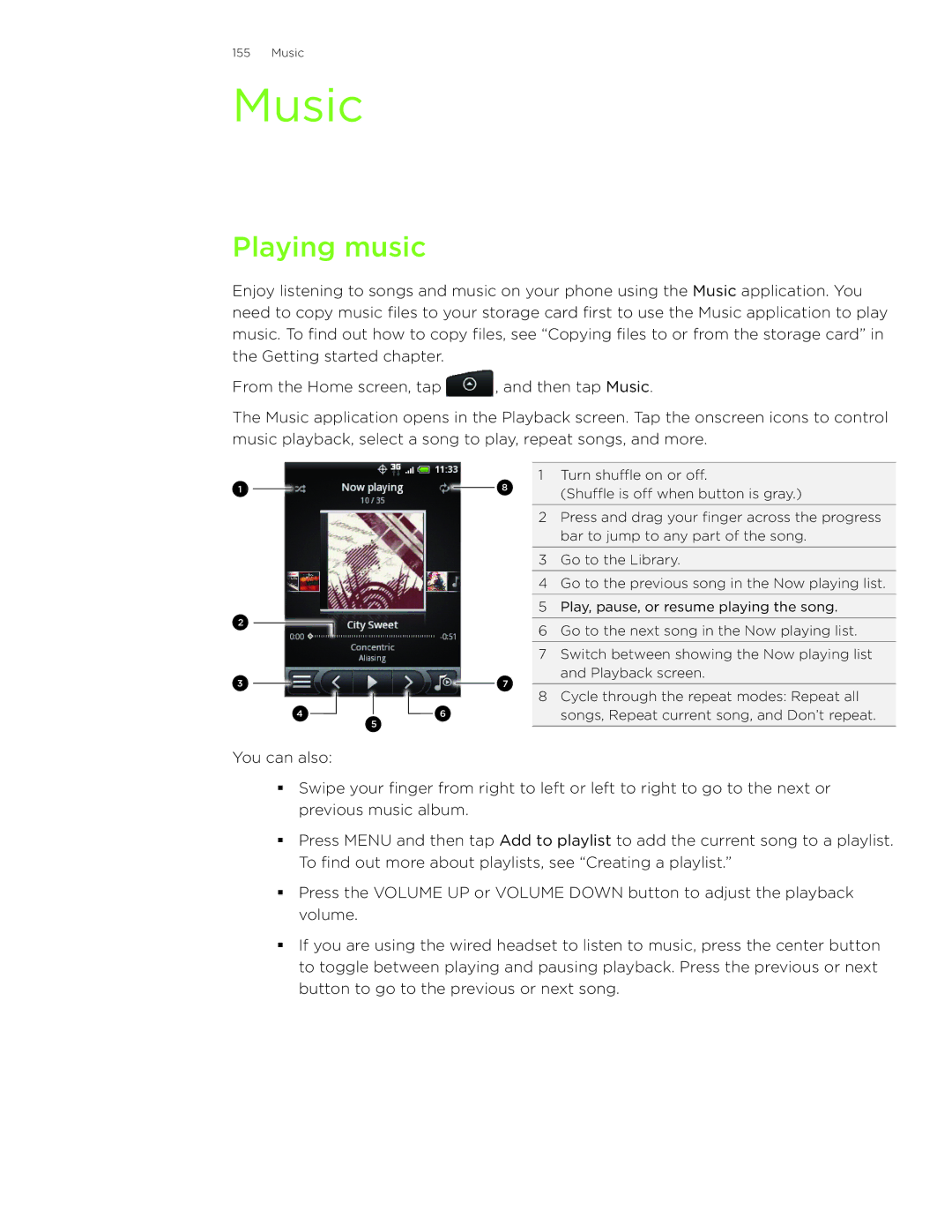 HTC Wildfire manual Music, Playing music 