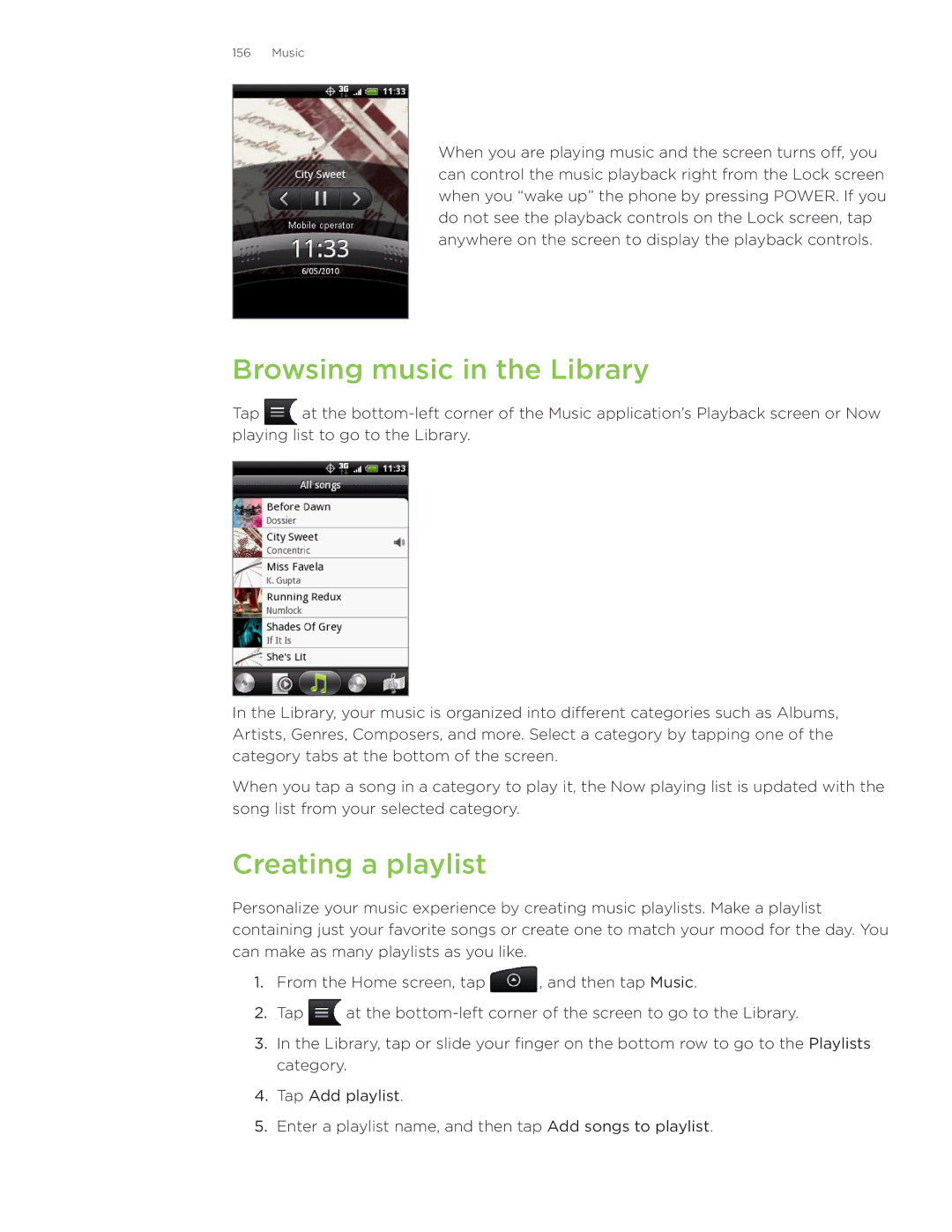 HTC Wildfire manual Browsing music in the Library, Creating a playlist 